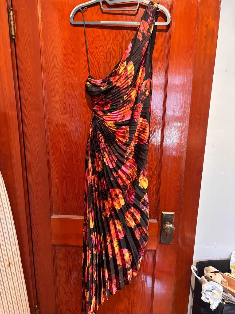 Vici One-Shoulder Black Dress with Red, Orange & Pink Floral Print